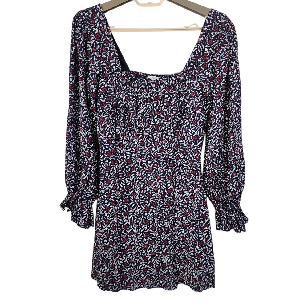 Cottagecore Fairy Boho Blue Rain Floral Smocked Mini Dress Sz‎ S Square Neck